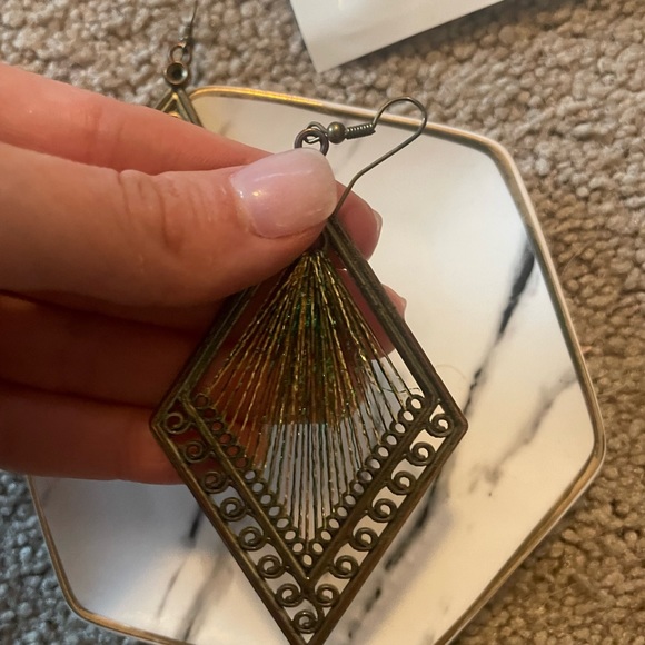 Brassy Gold Triangle Earrings with Colored Threads - Picture 3 of 4